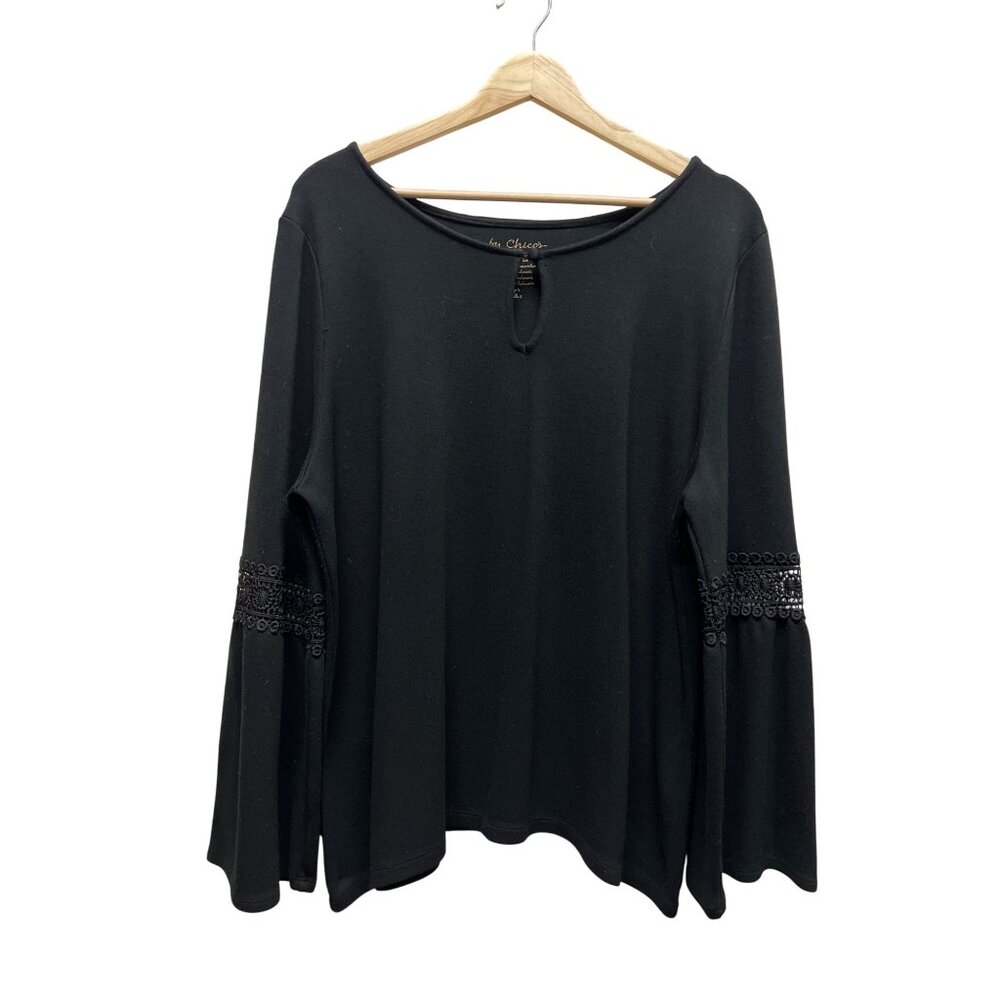 Chico's Black Knit Bell Sleeve with Crochet Detail Top - Picture 3 of 6